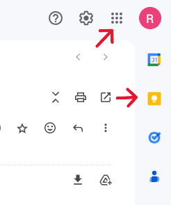A desktop screenshot highlighting the two places you can find Google Keep to create a new note when using Gmail on your computer.