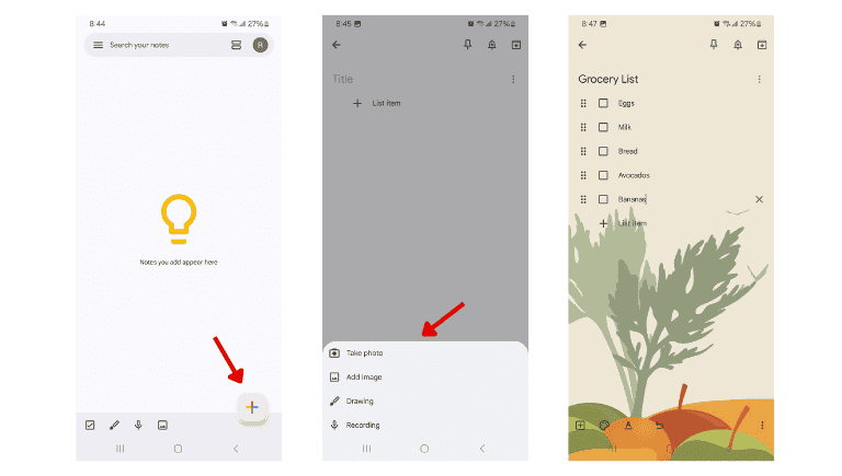 This mobile screenshot shows how to create a new note.