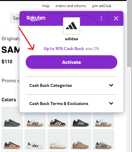 A desktop screenshot showing how to activate a Rakuten cash back offer using the browser extension.