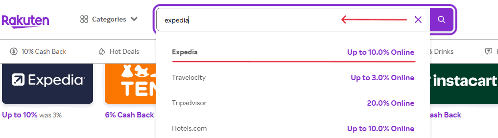 A desktop screenshot showing how to use the Rakuten search bar to find stores.