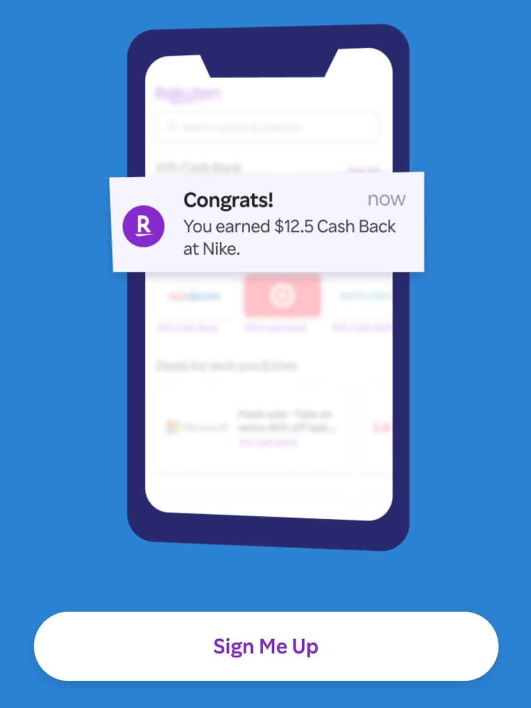 A mobile screenshot showing the Rakuten signup process for earning cash back.