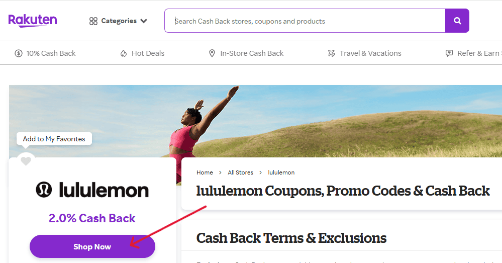 A desktop screenshot showing how to activate a Rakuten cash back offer using Rakuten's website directly.