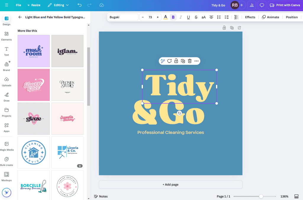 A screenshot of Canva's drag-and-drop interface to create and customize logos.