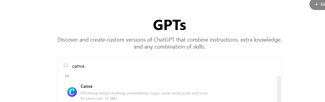 Performing a search for "Canva" using the Explore GPTs search bar.