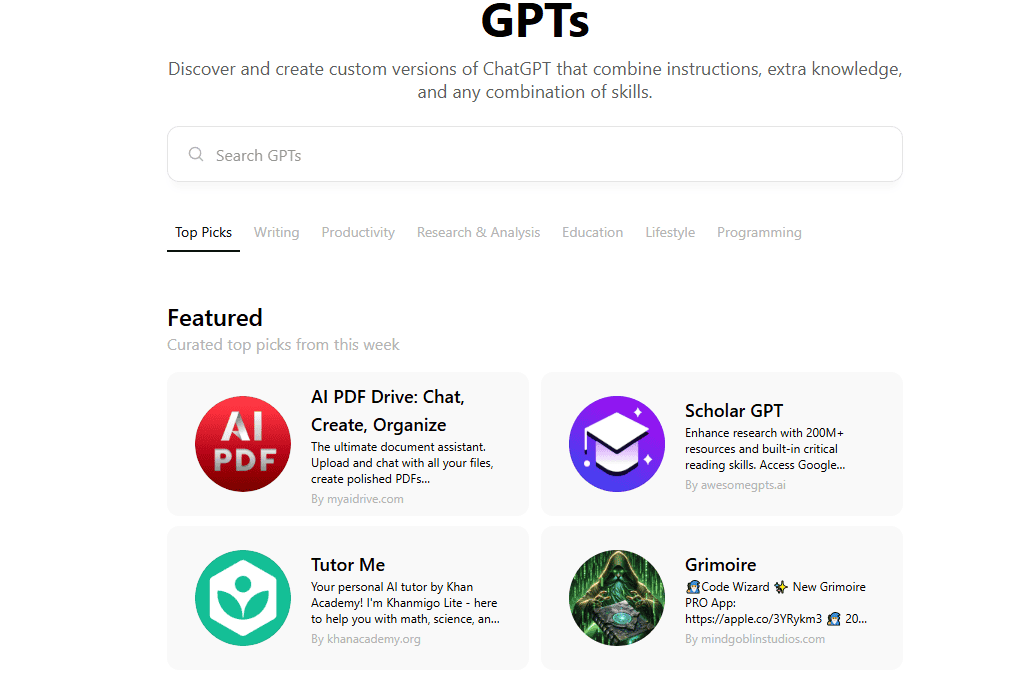 A screenshot of ChatGPT's Explore GPTs page.