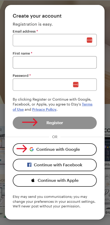 Screenshot of the Etsy registration page: You can register manually or connect via Google, Facebook, or Apple.