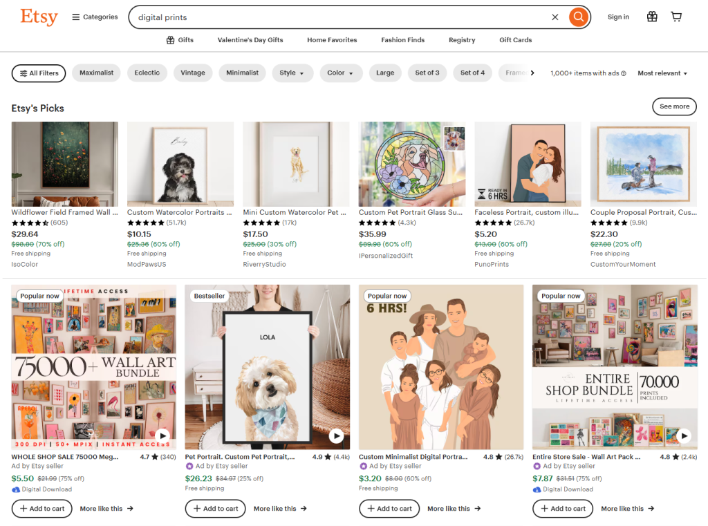 A screenshot displaying seller listings within Etsy's digital prints category.