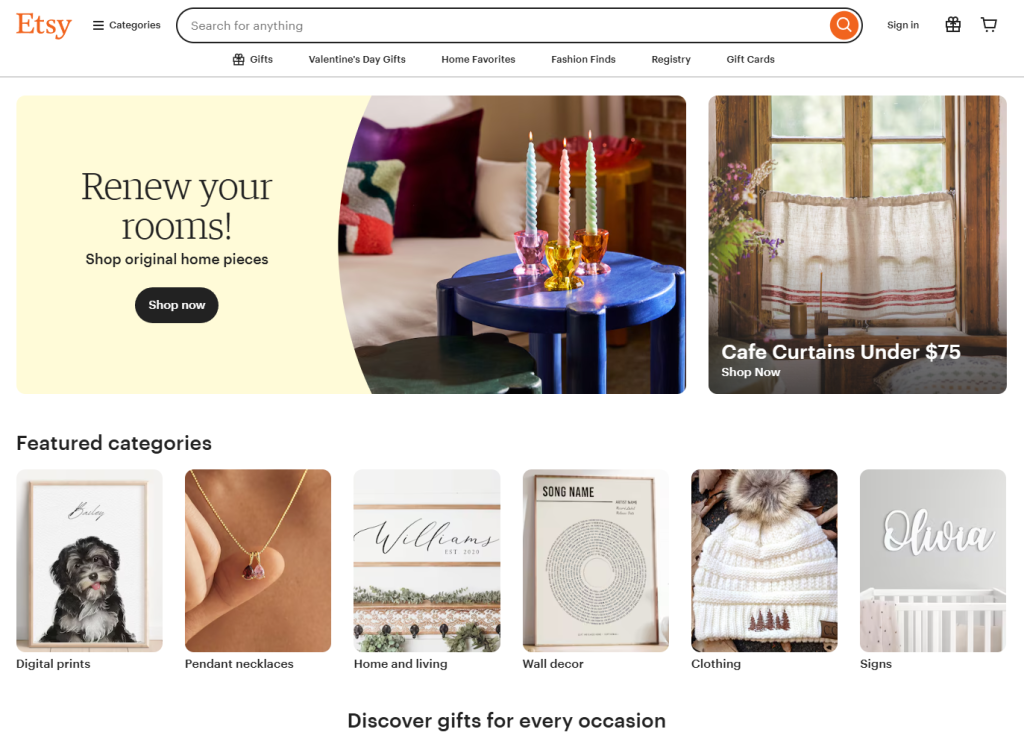 The Etsy homepage, showcasing a variety of featured categories, gift ideas, and other browsing sections.