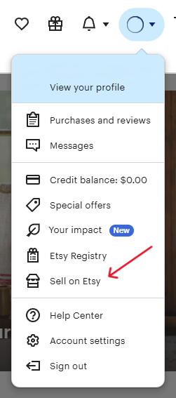 Screenshot showing how to start selling on Etsy via the dropdown menu.