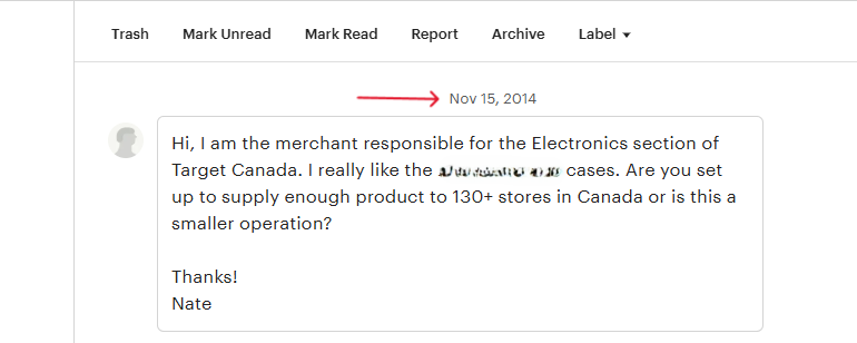 A direct message from a Target representative interested in buying my Etsy products.