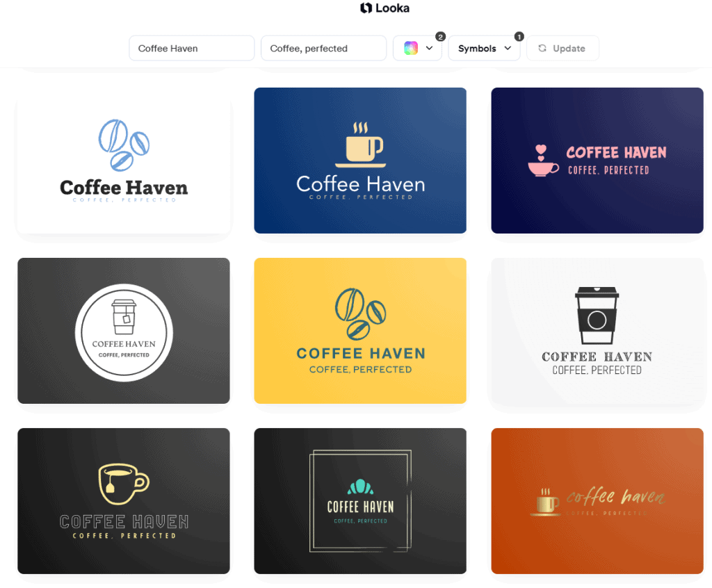 A screenshot displaying sample logo designs created with Looka's AI logo maker.
