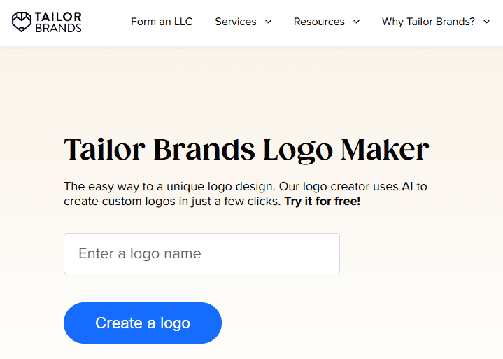 The Tailor Brands logo maker creation process begins with entering your desired logo name and clicking the "Create a Logo" button on their website.
