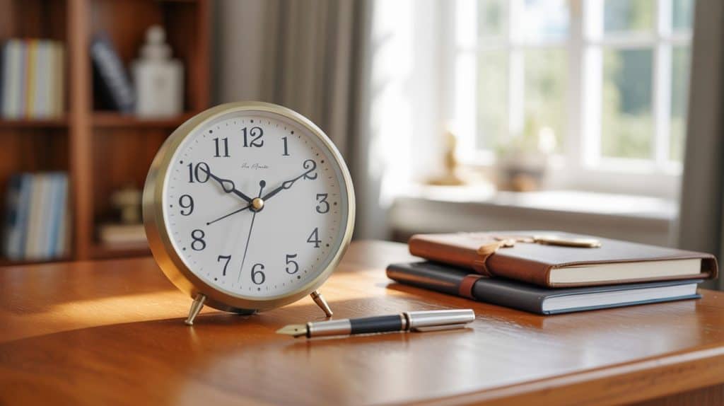 A photograph of a classic analog desk clock sitting on a warm, polished wooden desk in a sunlit home office.