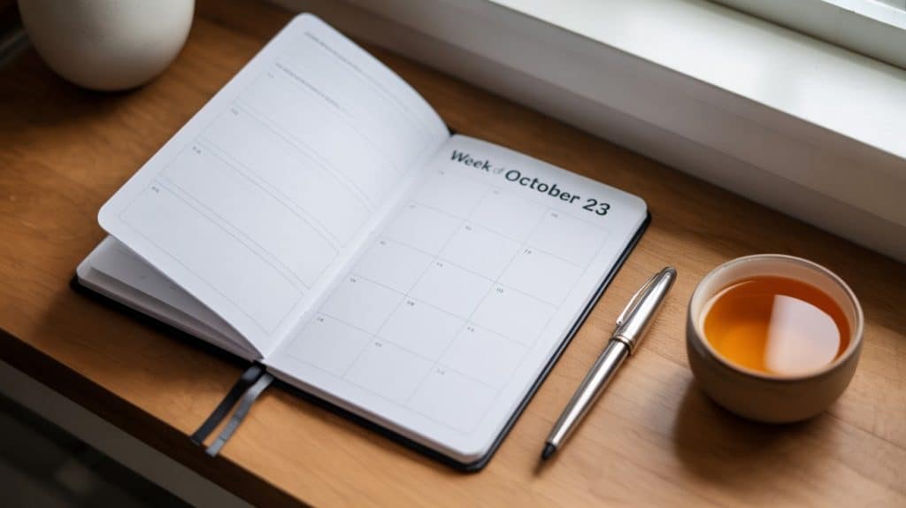 A photograph of a minimalist productivity planner resting on a clean, wooden work desk.