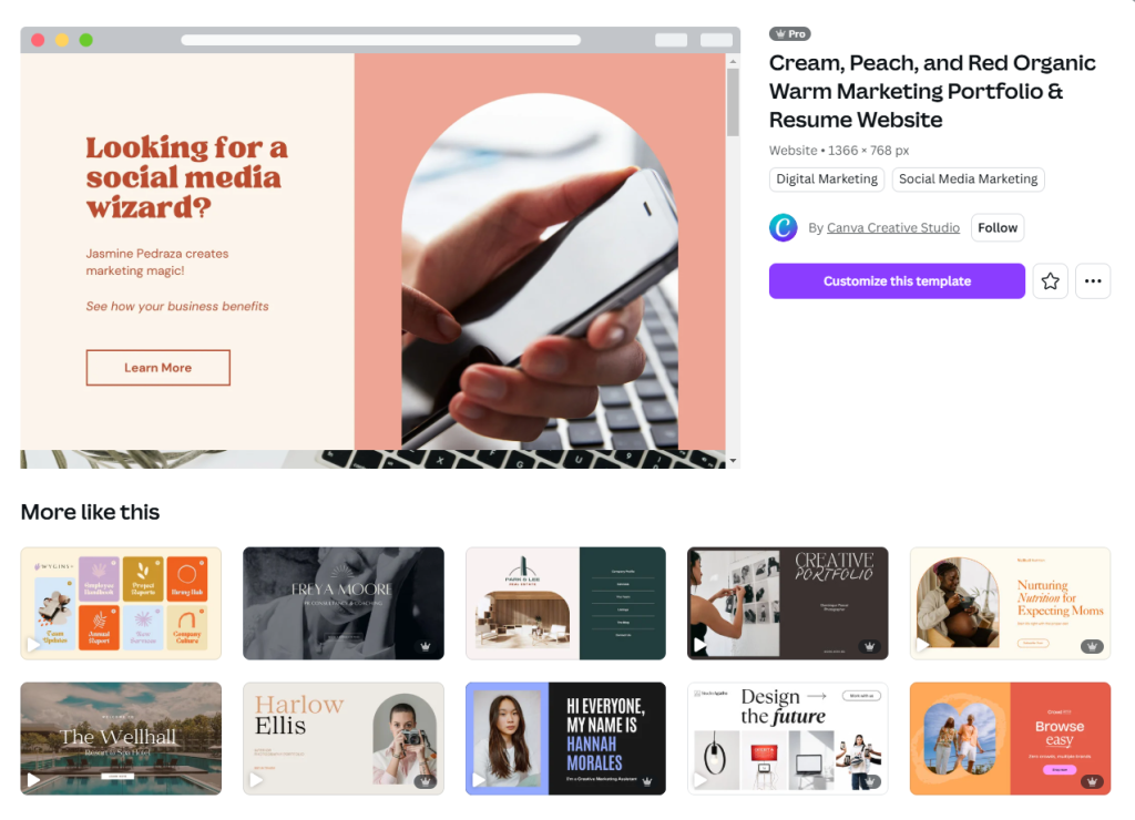 A screenshot on how to customize a website template in Canva.