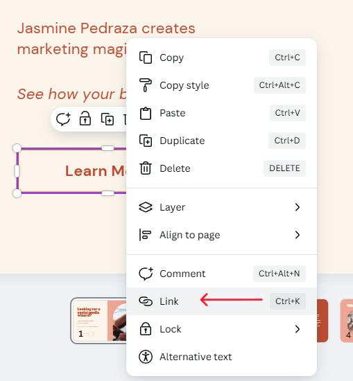 A screenshot showing how to add a link to an element in Canva.