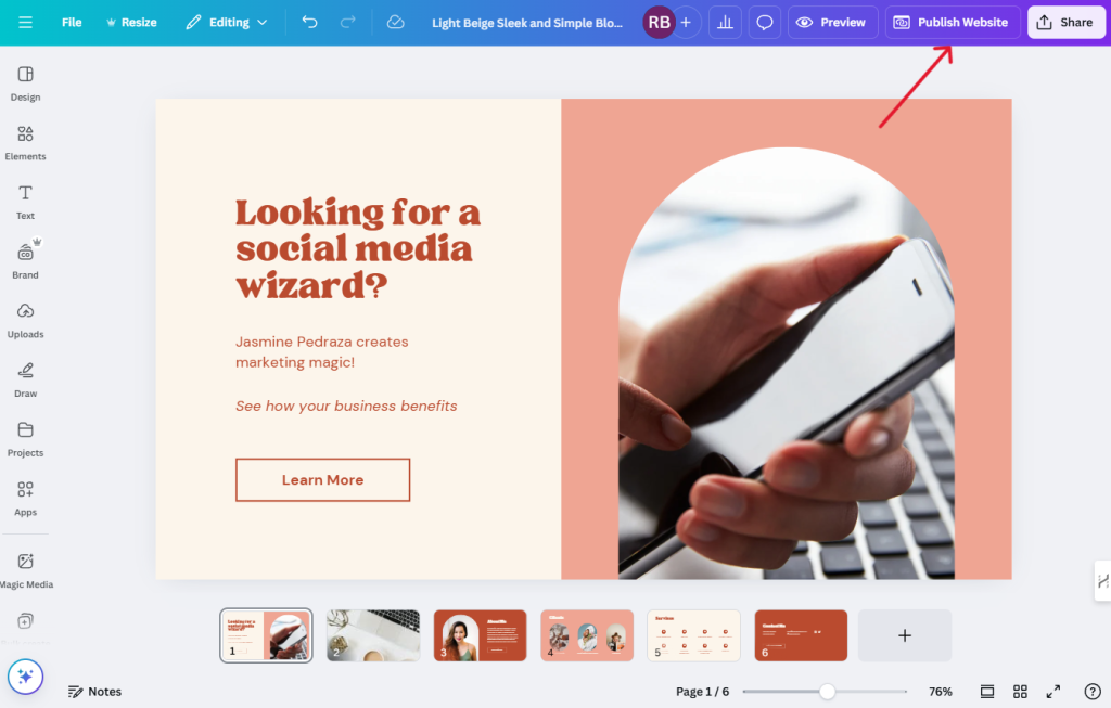 A screenshot showing how to publish a website in Canva.