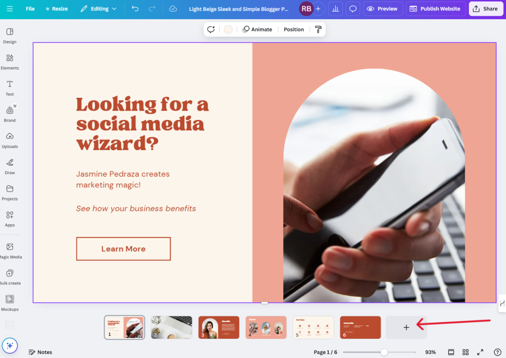 A screenshot on how to add or remove pages to a website build on Canva.