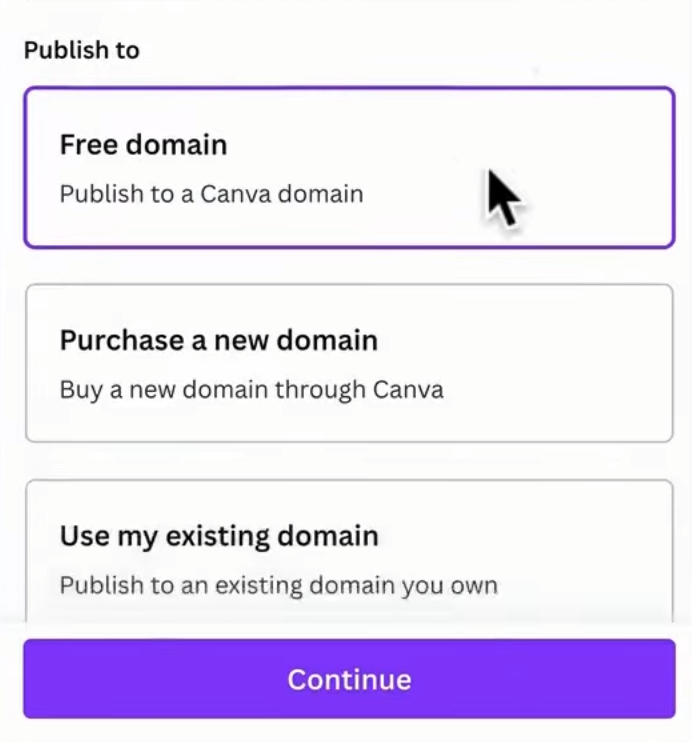 Screenshot showcasing the various publishing options available for Canva websites.