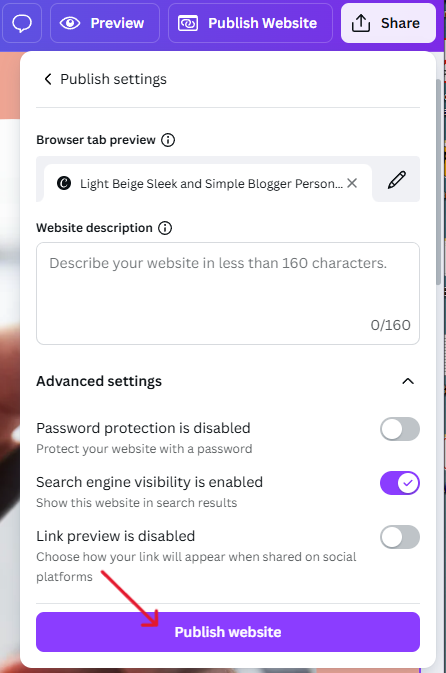 A screenshot on how to add a website description to a Canva website.