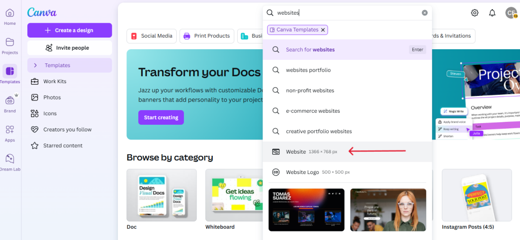 A screenshot on how to search for website templates in Canva.