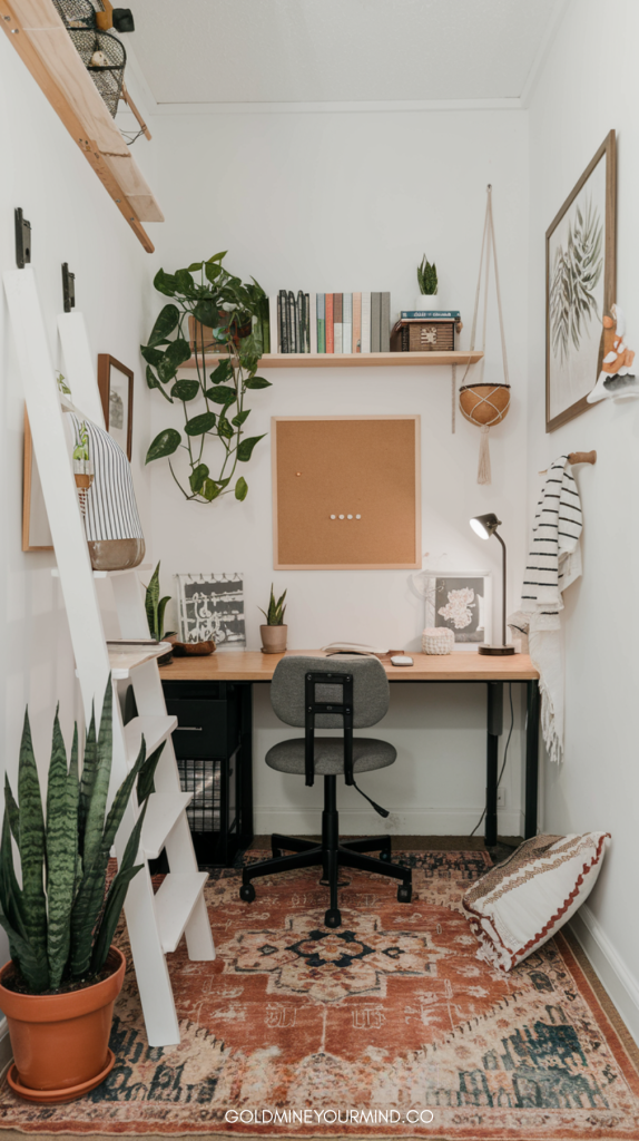A stylish small setup with a minimalist wooden desk, ergonomic chair, and warm boho decor. Floating shelves, hanging plants, and a corkboard maximize vertical space, while a cozy rug and soft lighting create an inviting atmosphere. Perfect for optimizing small workspaces with functionality and style.
