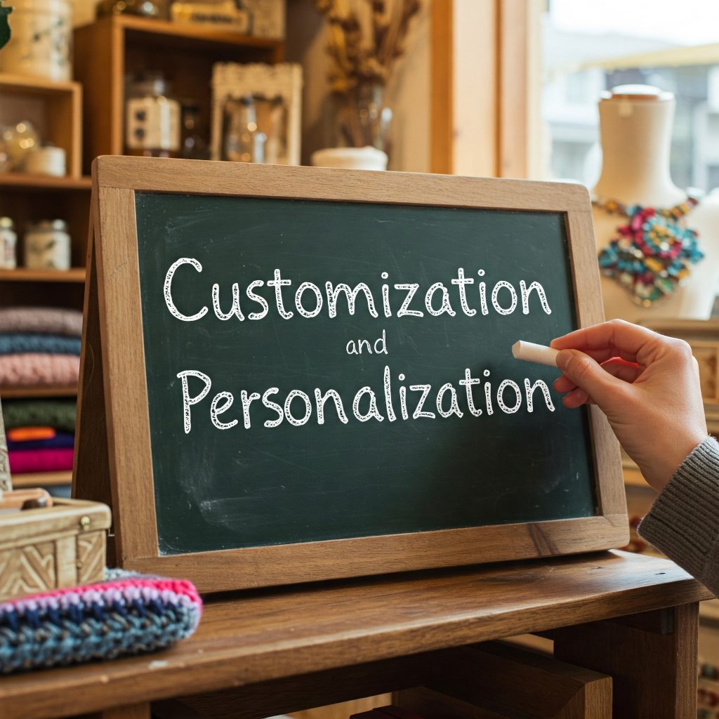 Offering Customization and Personalization A hand writing the words "Customization and Personalization" in white chalk on a rustic chalkboard in a cozy Etsy shop, surrounded by handcrafted items.