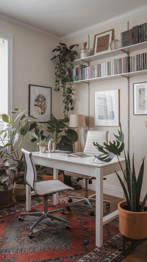 A home workspace with a white desk, two light-colored chairs, floating shelves filled with books and plants, and a patterned rug on the floor.