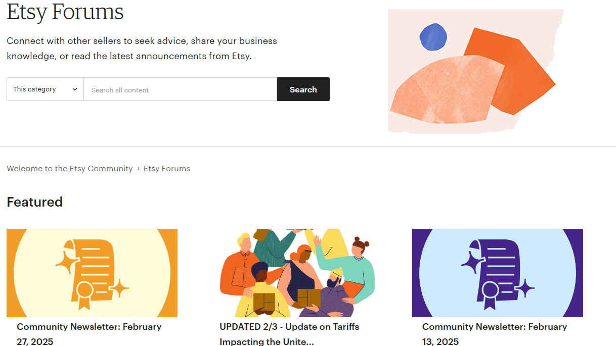 Engaging Actively with the Etsy Community An image of the Etsy forum homepage.