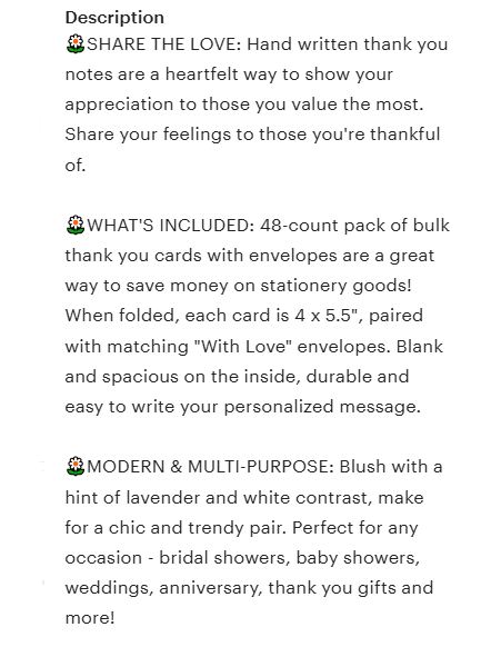 Writing Product Descriptions That Convert Browsers to Buyers An example of a Etsy listing description.