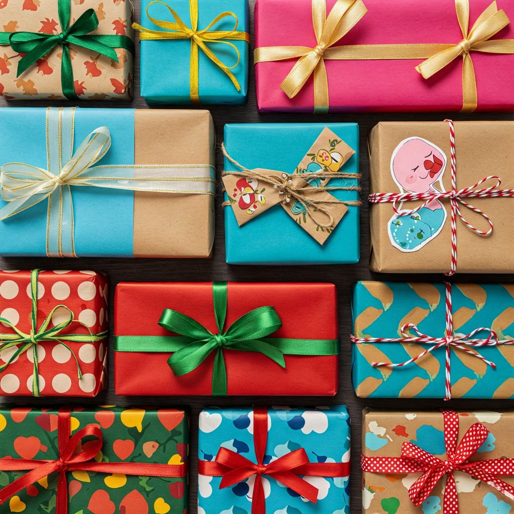 Providing Gift Wrapping Options A vibrant collection of gift boxes wrapped in various styles and colors, showcasing creative gift wrapping ideas for Etsy marketing. Inspire your customers with unique and thoughtful packaging.