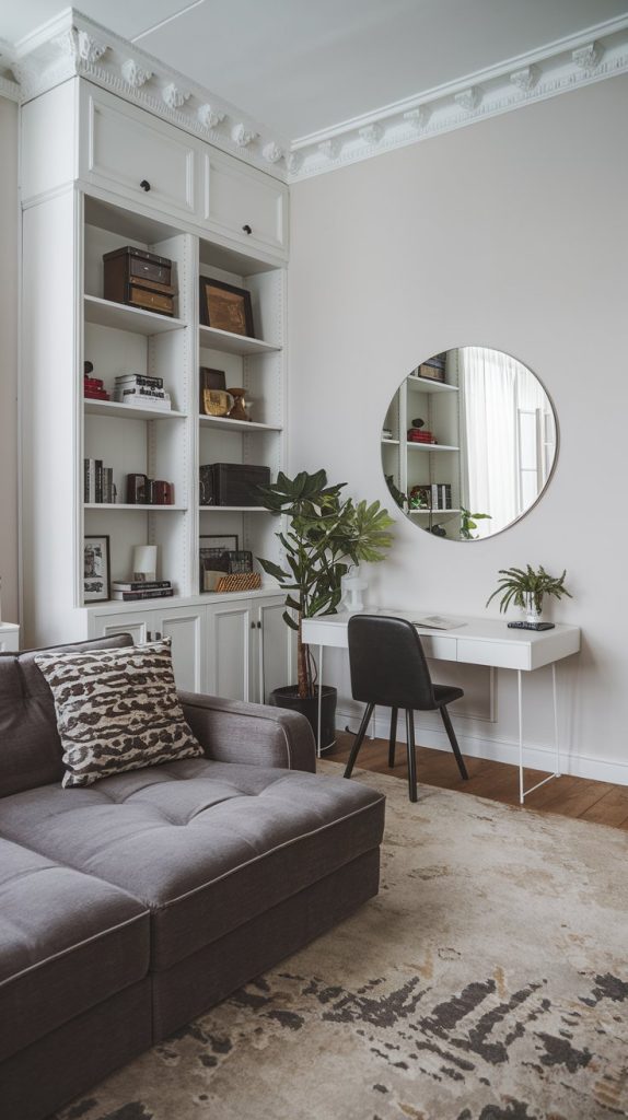 A living room with a gray sectional sofa, white built-in shelves, a white desk with a black chair, and a round mirror on the wall.