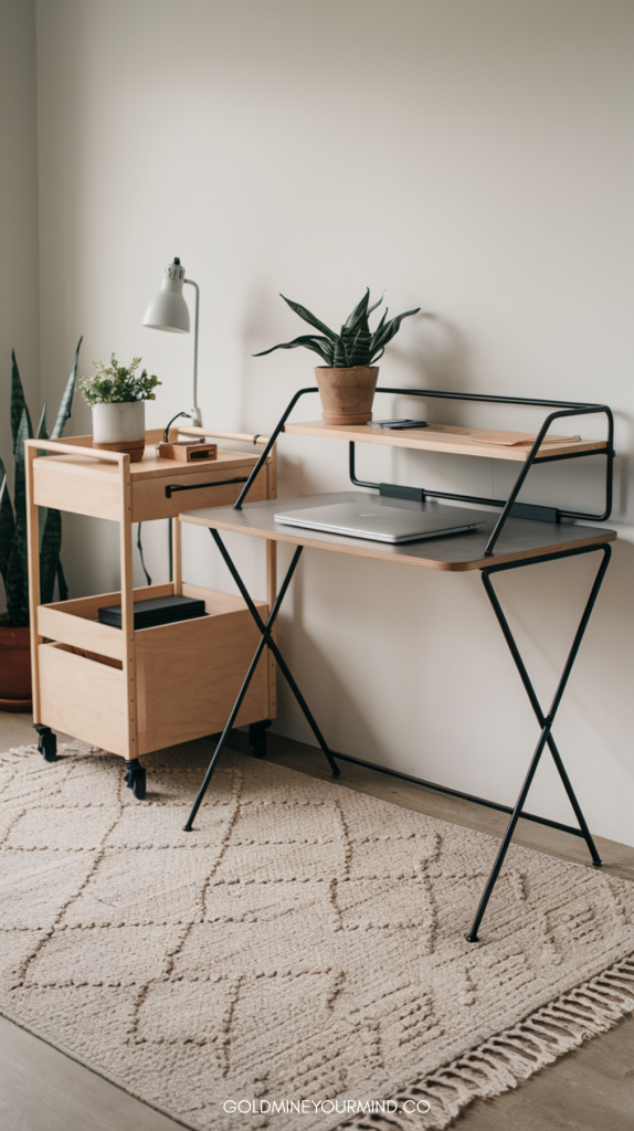 Contemporary design with a desk showcasing a unique metal frame and light wood surface. The image shows a rolling wooden cart, a small lamp, potted plants, and a textured rug, creating a stylish and functional workspace.