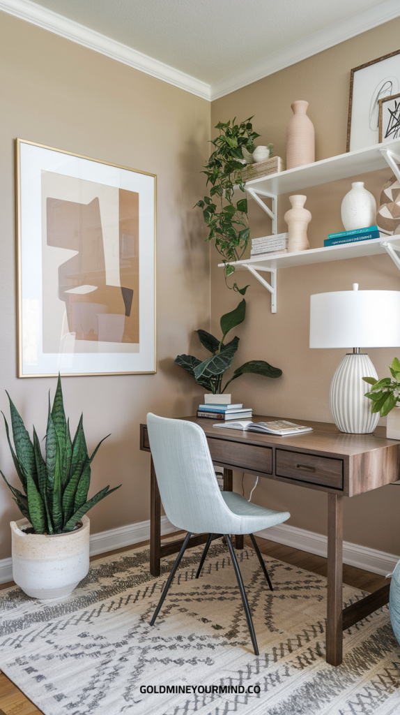 Modern minimalist home office with neutral tones, featuring a wooden desk, light blue chair, framed abstract art, potted snake plant, and white shelving with decorative vases. The room is painted in a warm beige, creating a calm and inviting workspace.