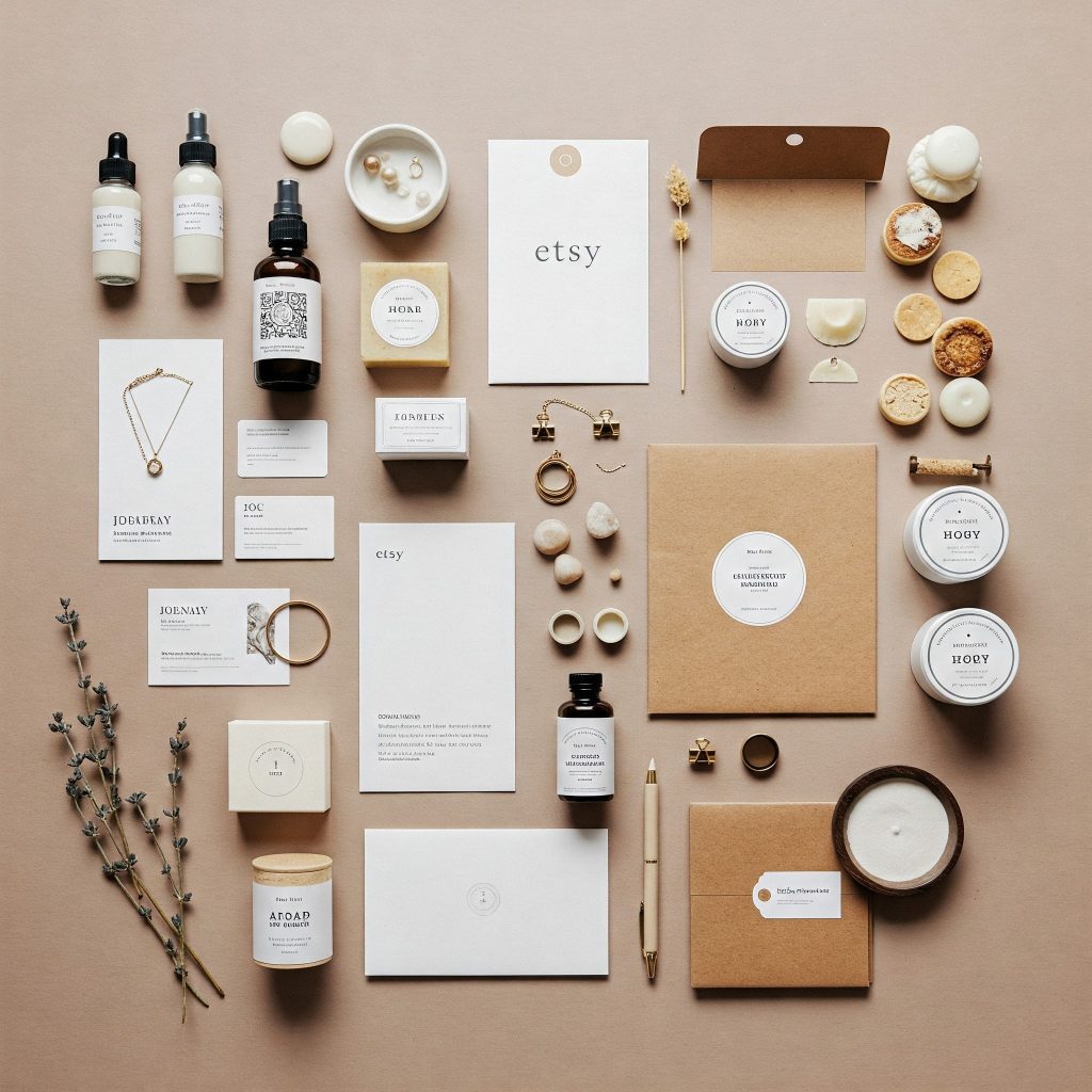 A flat lay of a branding kit featuring a variety of handcrafted products, including jewelry, soaps, and stationery. Branding elements such as business cards, packaging, and product labels are displayed, all showcasing a consistent aesthetic.