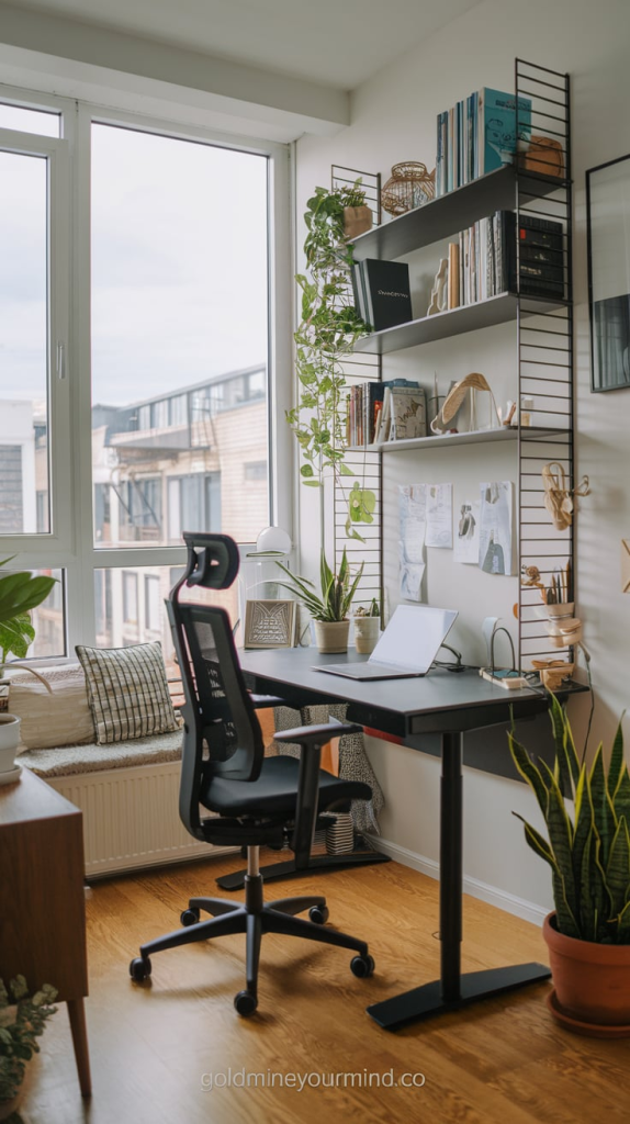 Modern home office design with a black standing desk, ergonomic chair, and a String shelving system showcasing books and decor. The image shows a laptop, various plants, a cushioned bench, and a large window with a cityscape view, creating a bright and inspiring workspace.