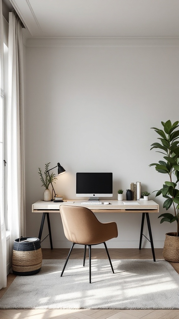 A bright, minimalist home office featuring a light wood desk, tan chair, computer monitor, and potted plant, with a window and sheer curtains on the left.