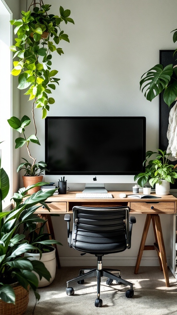 A bright workspace with an iMac computer on a wooden desk, a black office chair, and numerous potted plants.