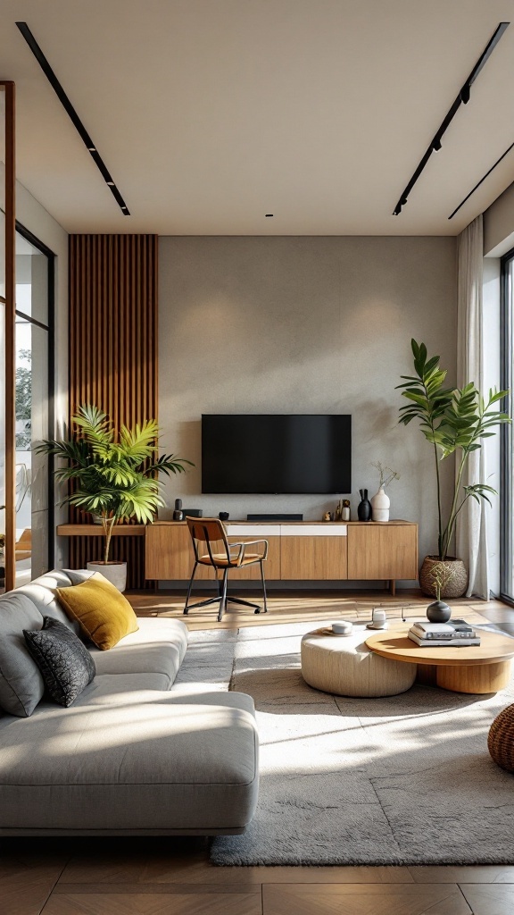 A modern living room with a gray sofa, wooden TV stand, a flat-screen TV, potted plants, and track lighting.