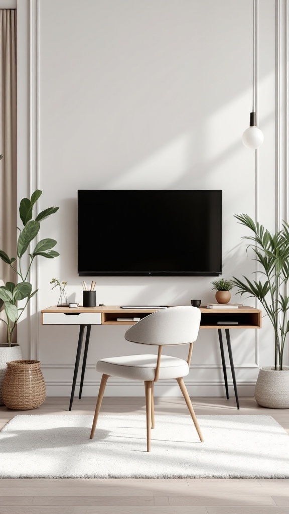 A modern workspace layout with a wooden desk, white chair, mounted TV, potted plants, and a pendant light.