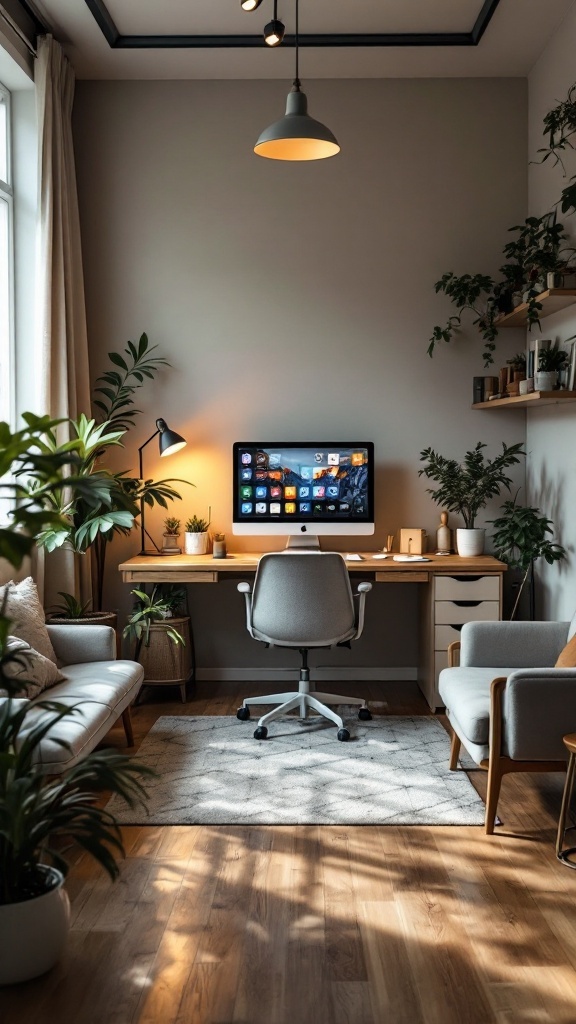 A cozy home office with an iMac (Intel-based), wooden desk, gray chair, various potted plants, a sofa, and an armchair, with warm lighting.