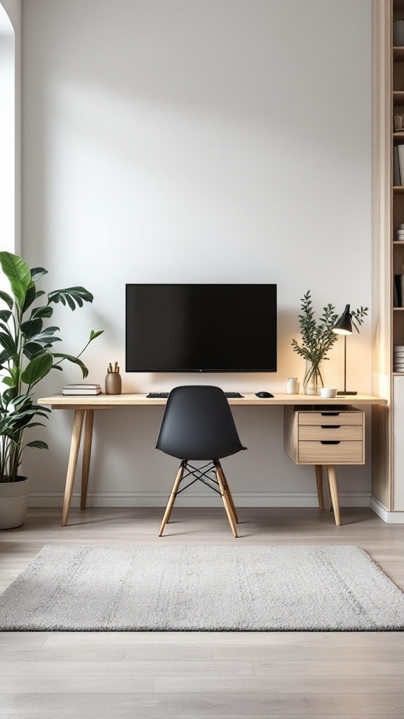 A bright with a wooden desk, black chair, mounted Ergo TV, potted plants, and a light gray rug.