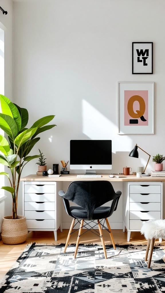 A bright home office with an iMac, black chair, wooden desk with white drawers, potted plants, framed artwork, and a patterned rug.
