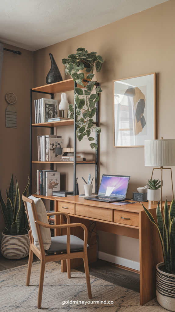 Stylish and calming design with a wooden desk, laptop, and a Mocka Porto Bookcase showcasing books and decor. The image shows potted snake plants, a hanging plant, and framed artwork, adding a touch of nature and artistry. The room is painted in warm beige tones.