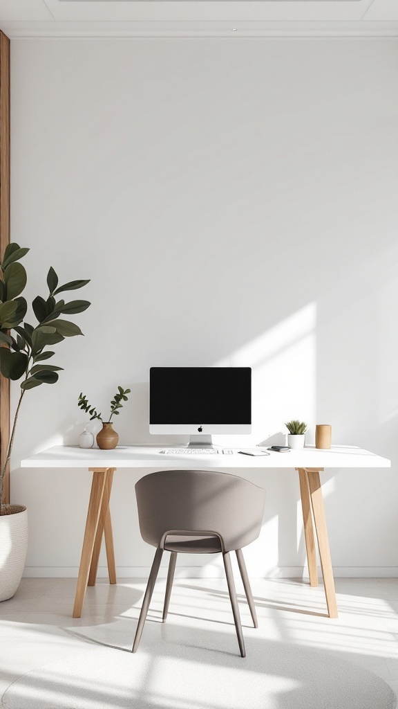 A bright, minimalist home office with a white desk, gray chair, computer monitor, and potted plants against a white wall with sunlight.