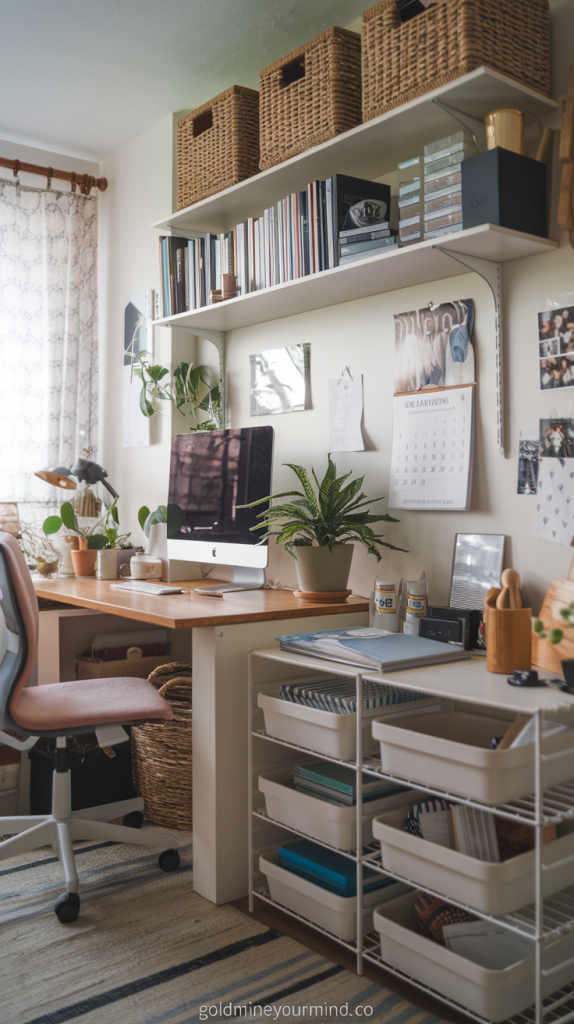 Functional and stylish workspace with a computer setup, wooden desk, and ample storage solutions. The image shows white shelving with storage bins and woven baskets, a rolling office chair, and various plants, including a Dracaena. Natural light filters through a curtained window, creating a pleasant workspace.