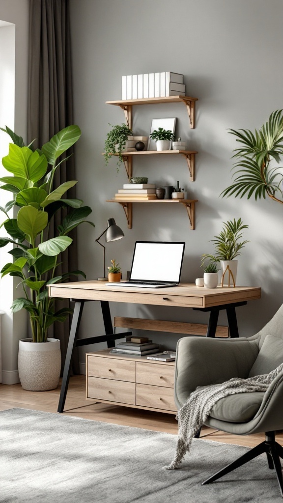 A modern home office with a wooden desk, laptop, shelves with plants and books, and a gray armchair, featuring a large potted plant to the left.