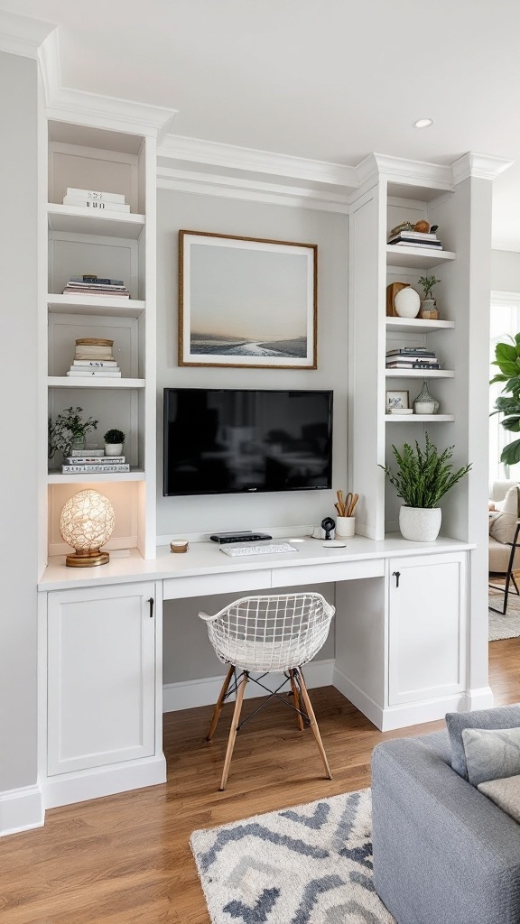 A white built-in desk with shelves and a mounted TV in a living room, featuring a wire chair and hardwood floors.