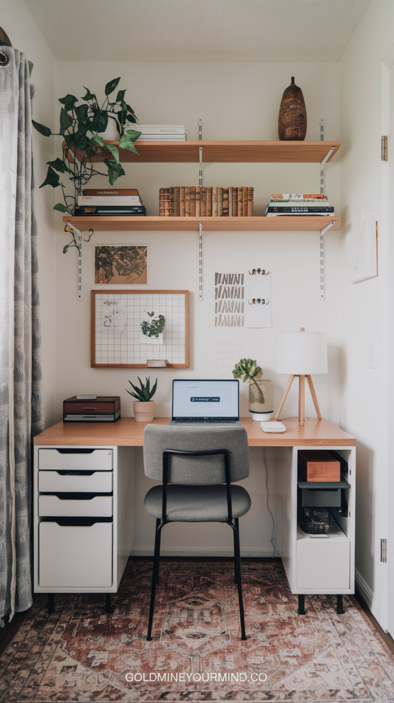Cozy and organized office setup with a laptop on a wooden desk, gray chair, and wall-mounted wooden shelves filled with books and plants. The room features a patterned rug, white walls, and soft natural light from a window with a curtain.