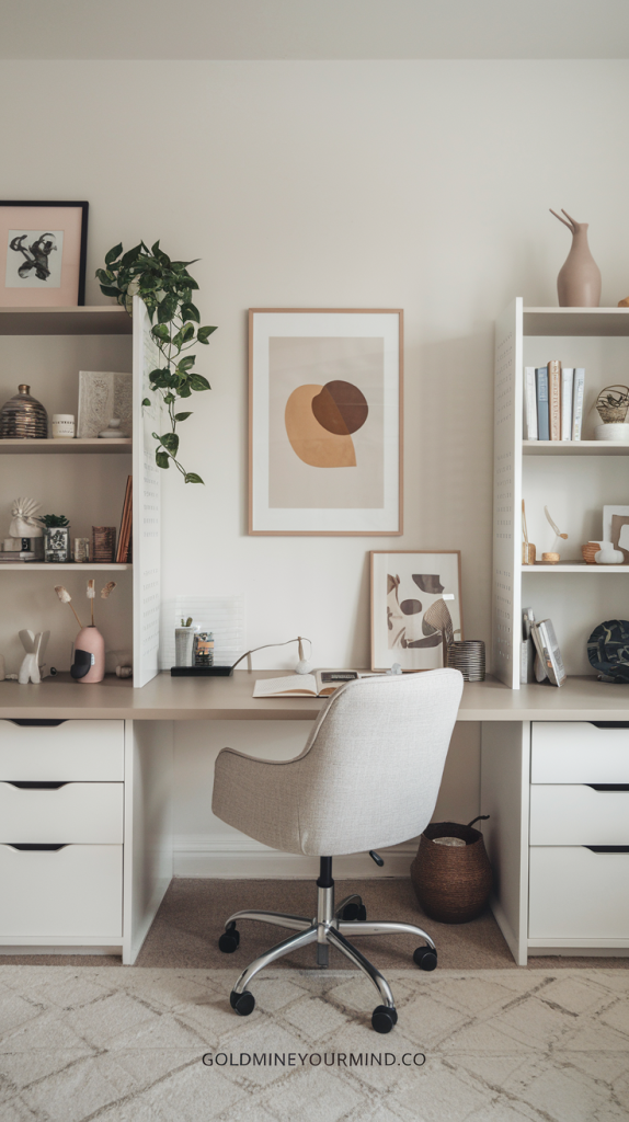 A modern and minimalist home office with a neutral color palette, featuring a built-in white desk with drawers, an ergonomic beige swivel chair, and stylish open shelving. Abstract wall art, decorative accents, and a cascading plant add warmth and personality. The clean, organized setup enhances productivity while maintaining a cozy, aesthetic appeal.